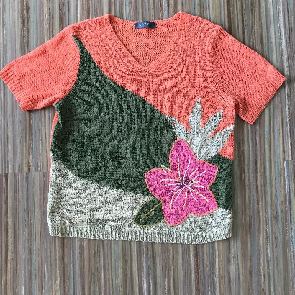 Koret Colorful Short Sleeve Ribbon Knit Sweater Colorblock Flower Pattern